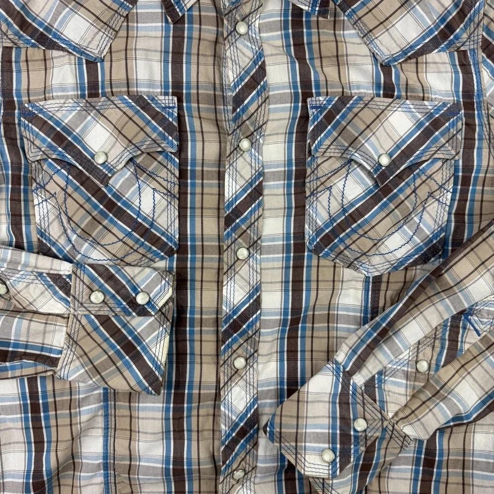 True Religion‎ Shirt Mens Large Brown Blue Plaid Western Pearl Snap Long Sleeve